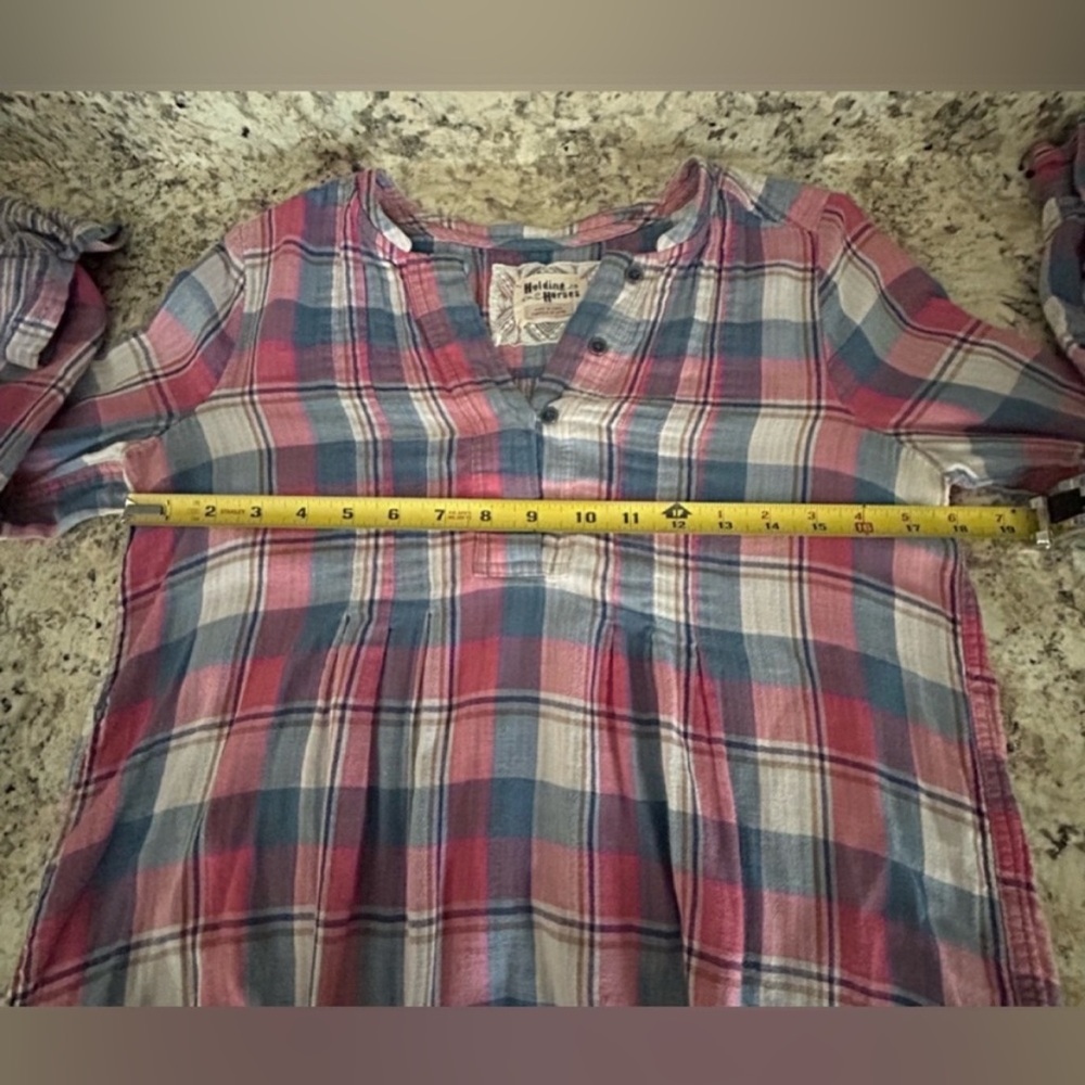 Anthropologie Holding Horses High Low Pink Blue Plaid Tunic Top Western Size 4 - Picture 14 of 16